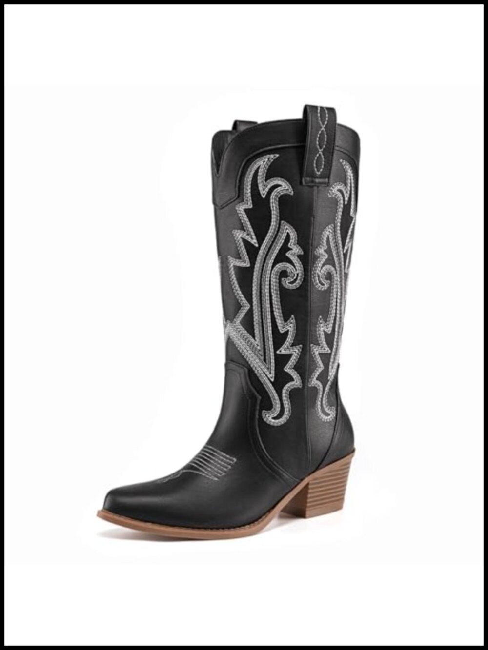 Embroidered Western Cowboy Boots Mid Calf Pointed Toe Chunky Heel Pull-On